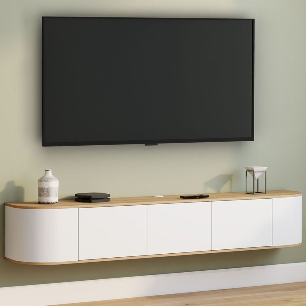 Meuble tv 180 cm suspendu leora 3 portes bois et blanc