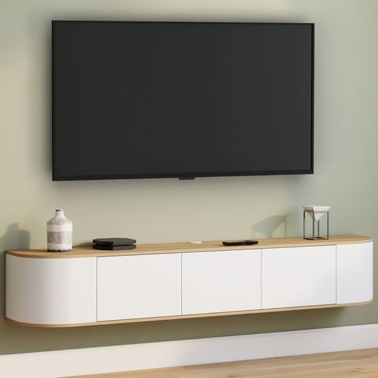 Meuble tv 180 cm suspendu leora 3 portes bois et blanc