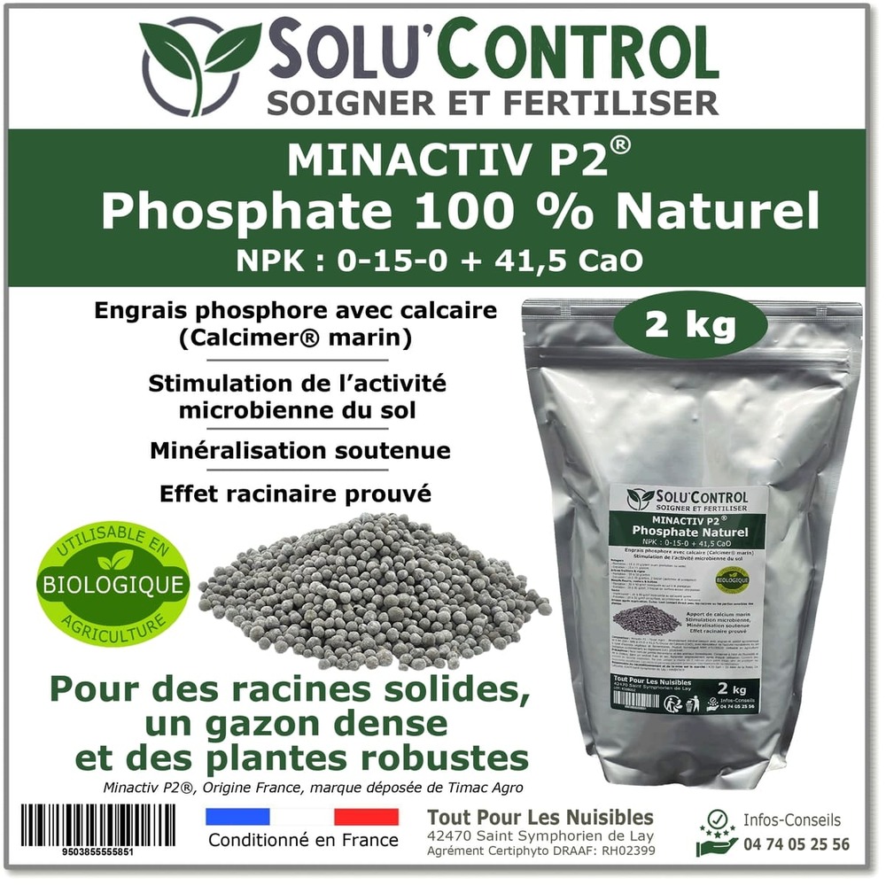 2 kg de minactiv p2® solu’control – engrais phosphate naturel – avec calcimer® marin et stimulateur microbien