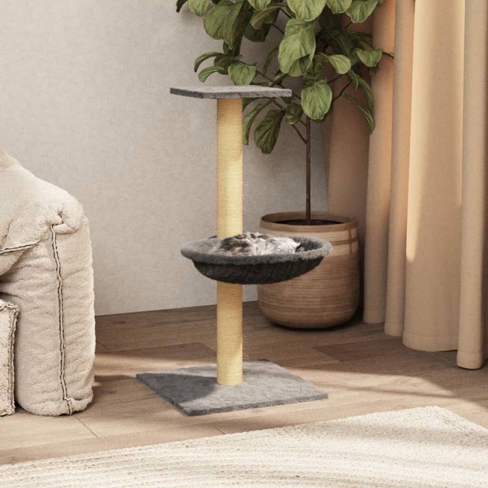 Tour à griffer pour chat 74 cm avec hamac suspendu et poteau en sisal, griffoir compact en peluche gris clair