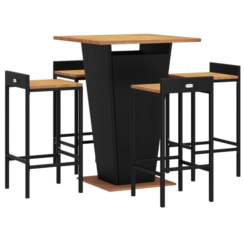 Ensemble de bar de jardin meuble extérieur terrasse 5 pièces noir poly rotin/bois massif acacia