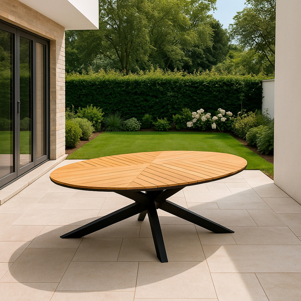 Table de jardin ovale 240x120 en teck et aluminium antracite design moderne