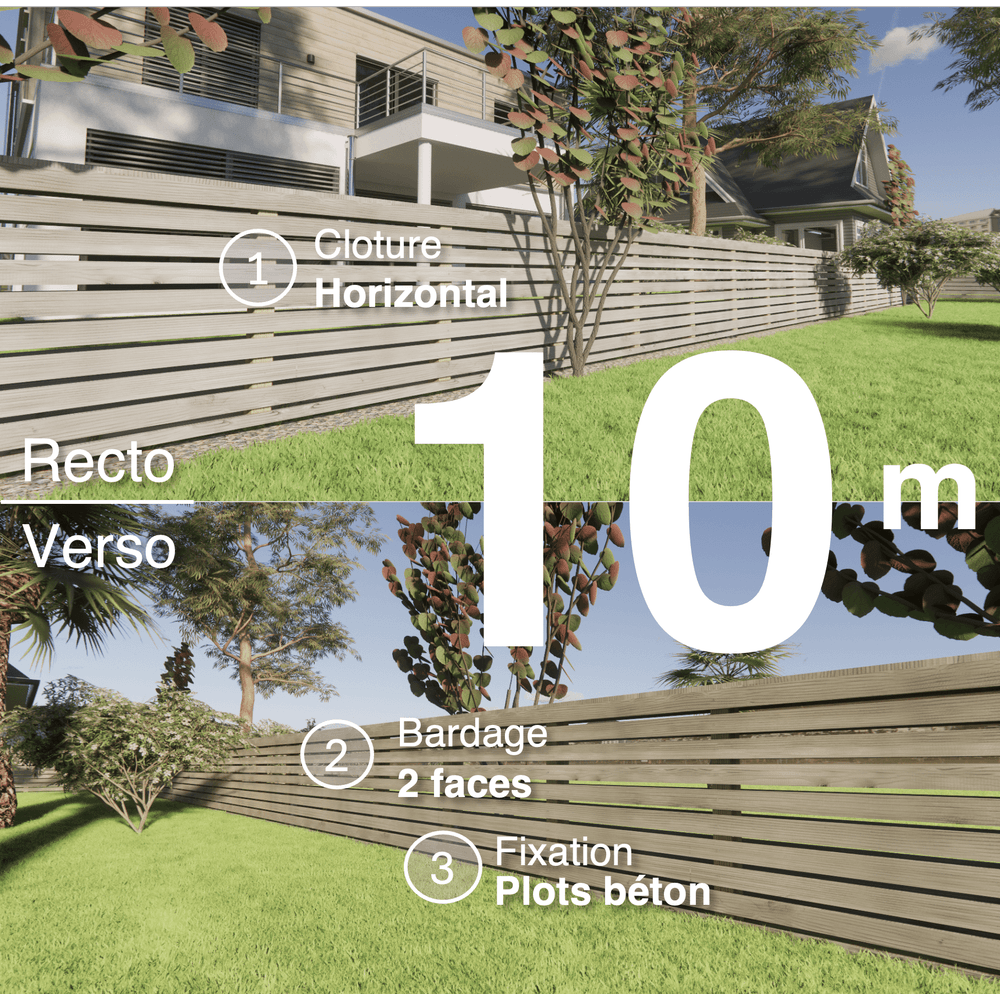 Kit clôture bois moderne 10m – h 0,9m – 20 x 70 mm autoclave gris – pose horizontal – double face – à sceller