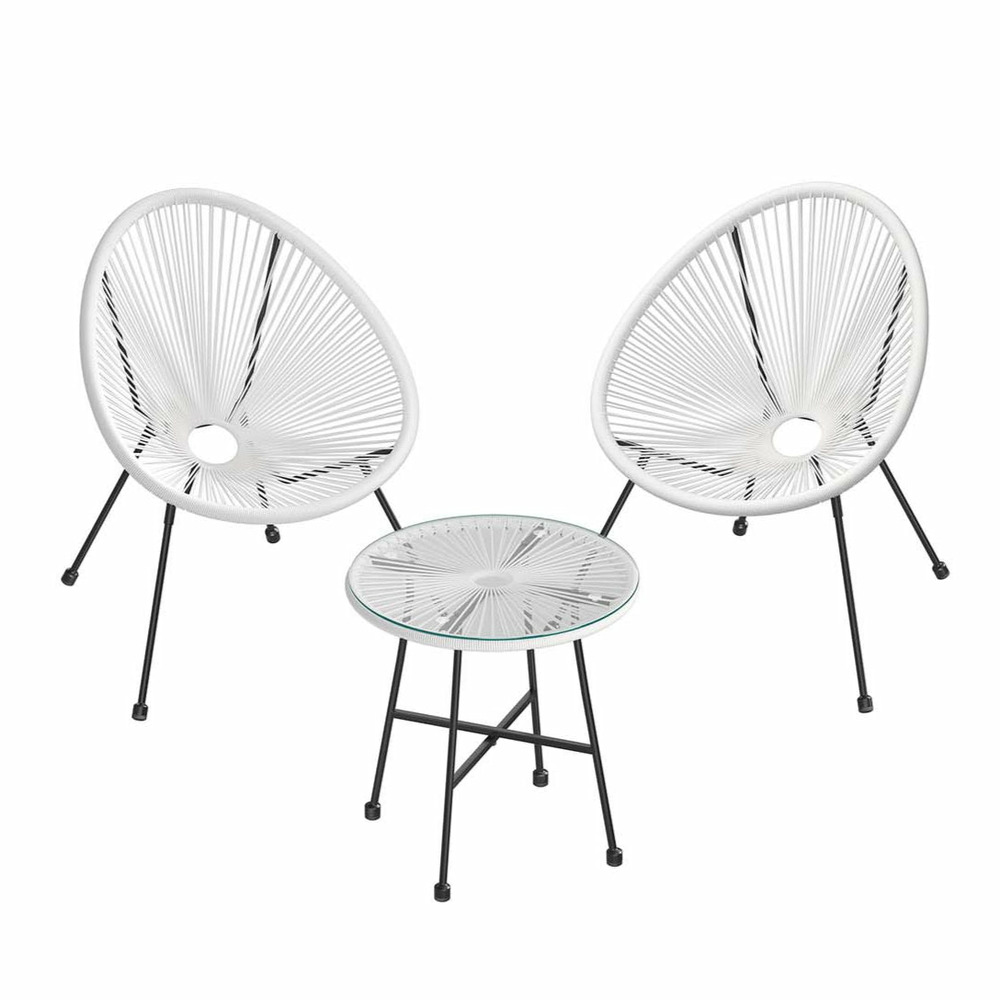 Salon de jardin lot 3 meubles de terrasse chaises d'extérieur acapulco avec table en verre blanc