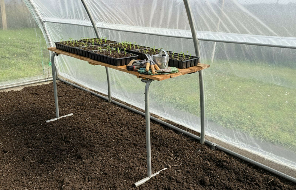 Supports avec tablette en bois pour serre - les serres tonneau