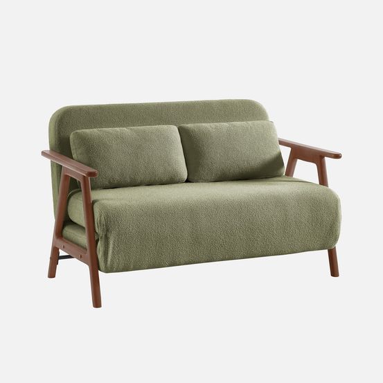 Banquette canapé convertible 2 places bois d'hévéa teinté noyer clair et bouclette texturée l 133 x p 81 x 84cm - sven