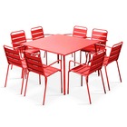 Ensemble table de jardin carrée et 8 fauteuils en métal rouge