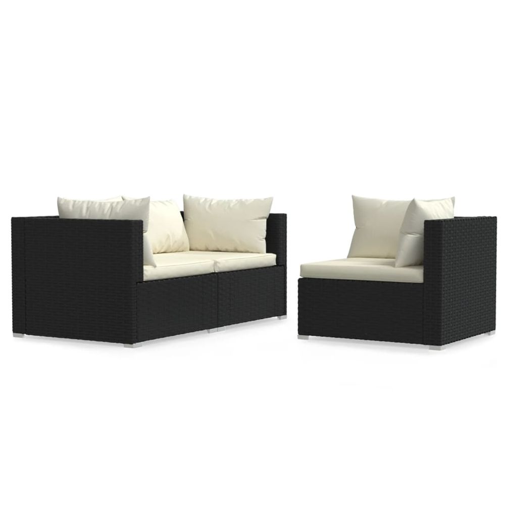 Salon de jardin 3 pcs avec coussins noir résine tressée