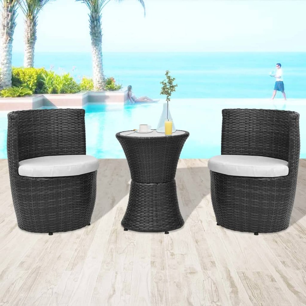 Mobilier de bistro 3 pcs avec coussins résine tressée noir