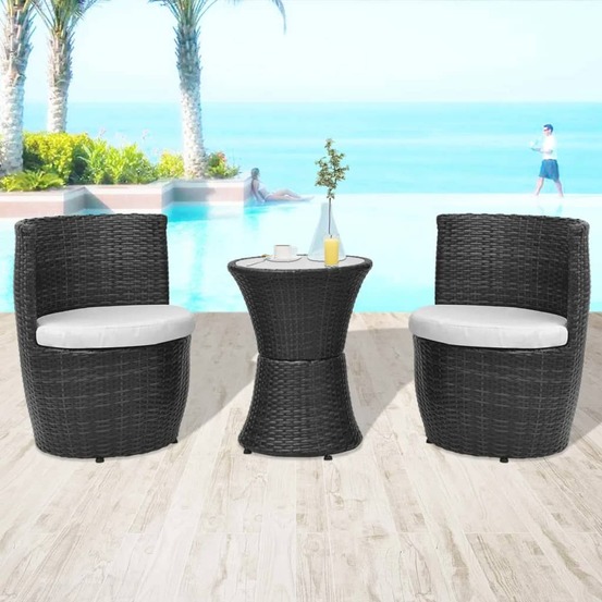 Mobilier de bistro 3 pcs avec coussins résine tressée noir