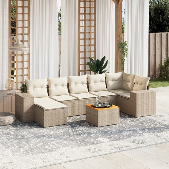 Salon de jardin avec coussins 8 pcs beige résine tressée