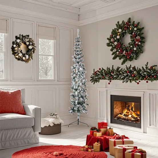 Demi sapin de noël artificiel mince avec neige floquée 180 cm