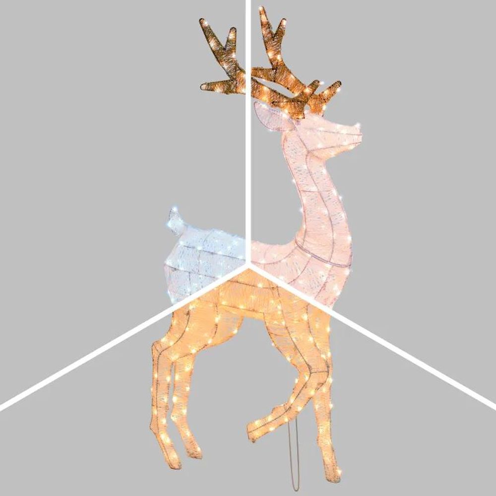 Renne 3d lumineux h125cm 240 led dual blanc chaud fixe, décoration noël métal blanc doré lotti