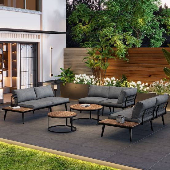 Ensemble jardin 5-6 pers: ensemble repas, acier galvanisé 6 pièces gris antique, terrasse/balcon