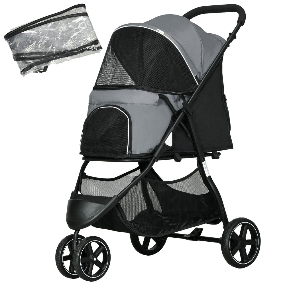 Poussette avec housse pluie acier oxford petit chien plein air gris 83x55x101cm