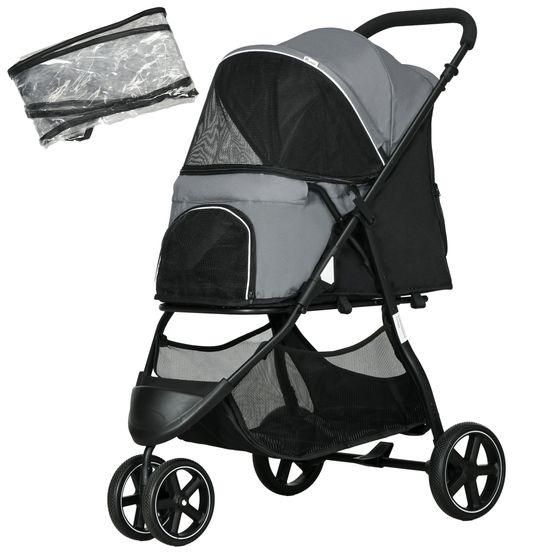 Poussette avec housse pluie acier oxford petit chien plein air gris 83x55x101cm