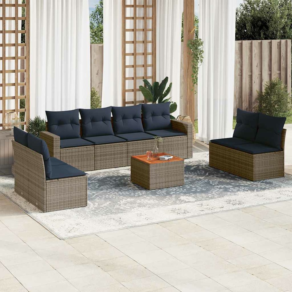Salon de jardin 9 pcs avec coussins gris résine tressée