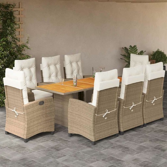Ensemble à manger de jardin et coussins 9 pcs beige poly rotin
