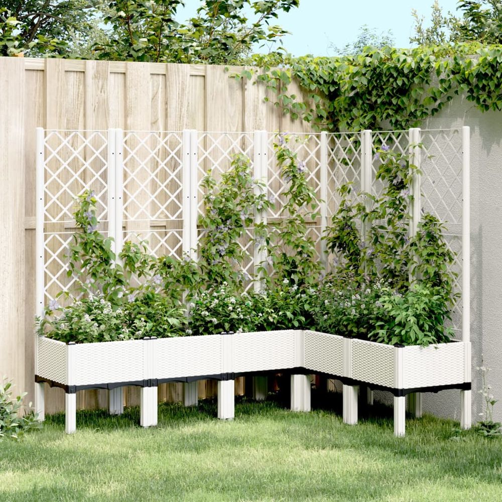 Jardinière d'angle avec treillis pp aspect rotin pour jardin blanc 160x120cm