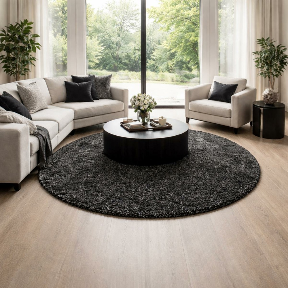 Tapis rond longs poils shaggy ø120cm tissé noir motif uni uni b