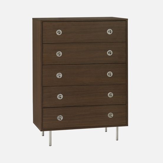 Commode vintage décor bois et acier inoxydable 5 tiroirs noyer - shelby