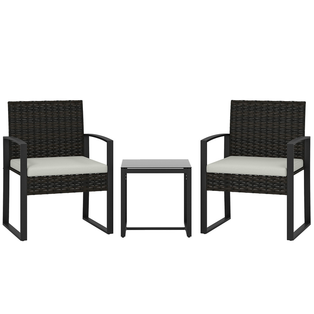 Ensemble bistro rotin 3 pièces : 2 fauteuils de jardin + table basse, coussins amovibles, crème blanc