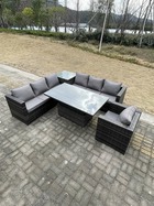 Mobilier de jardin extérieur pe rotin 8 places ave canapé table à manger réglable en hauteur mélange gris foncé