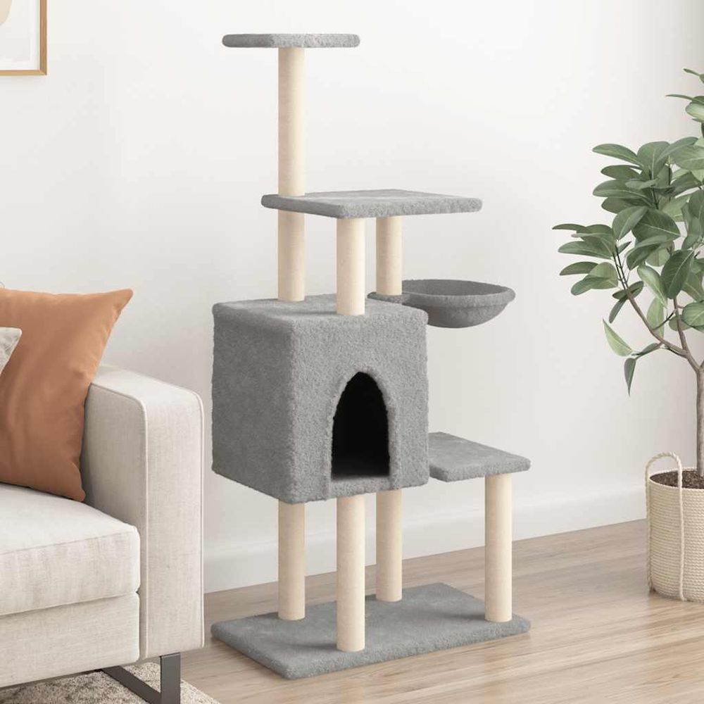 Grande tour à chat avec niche panier et plateformes griffoirs en sisal gris clair 131 cm