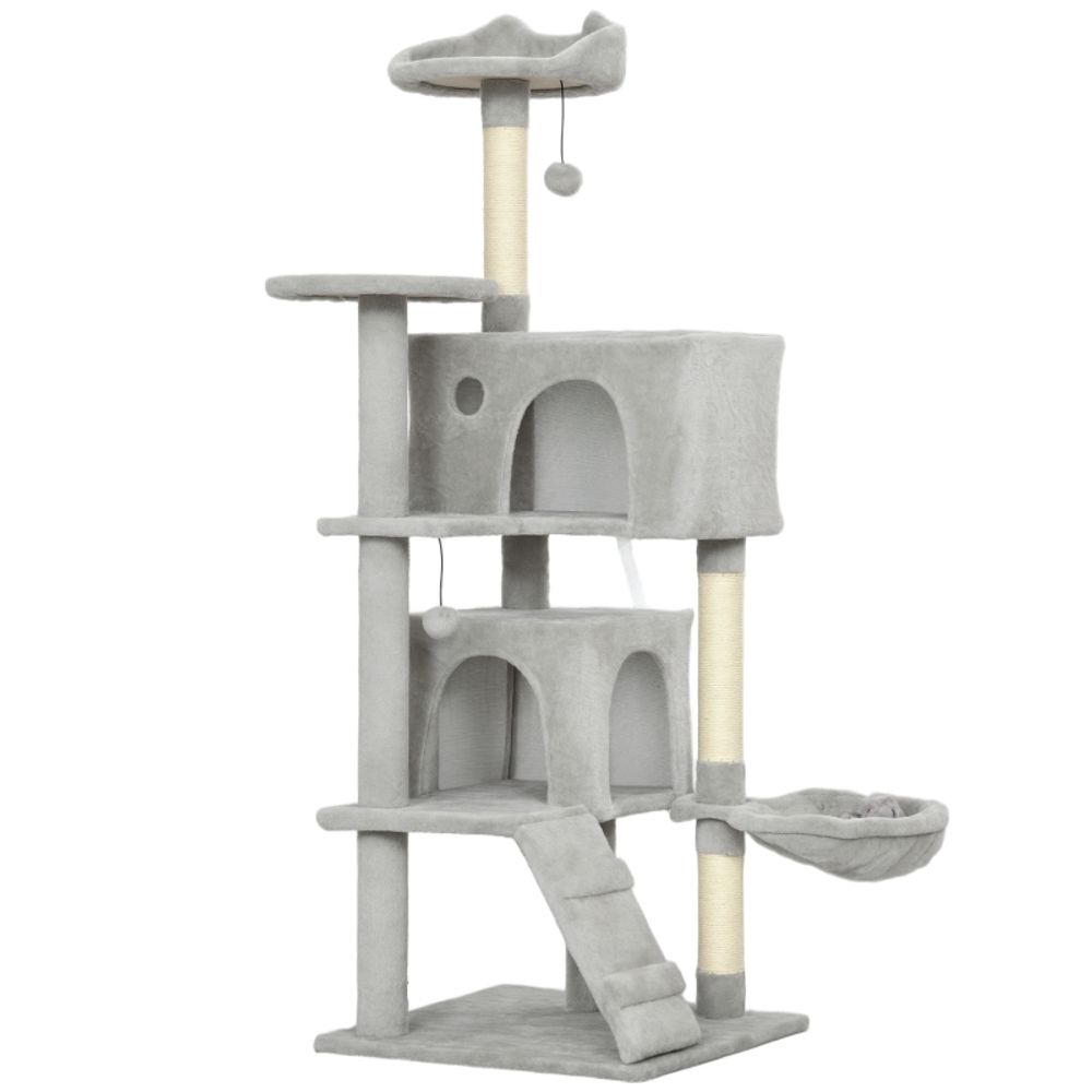 Arbre à chat multi-niveaux 140 cm en sisal avec hamac et niches pour intérieur gris clair – comfortxl pet living