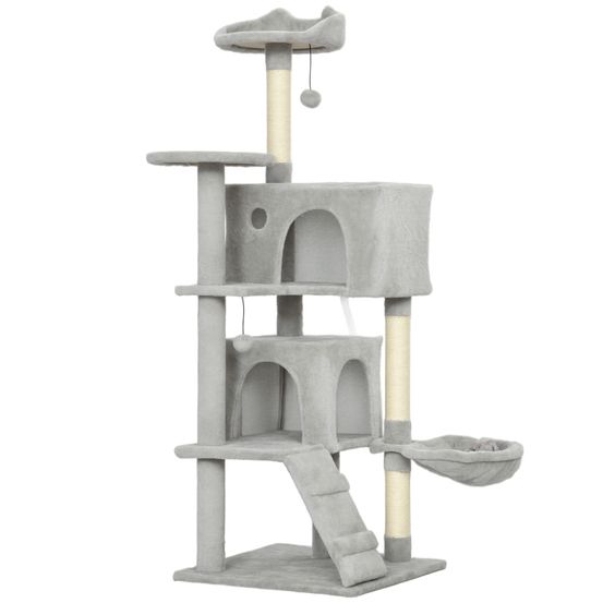 Arbre à chat multi-niveaux 140 cm en sisal avec hamac et niches pour intérieur gris clair – comfortxl pet living