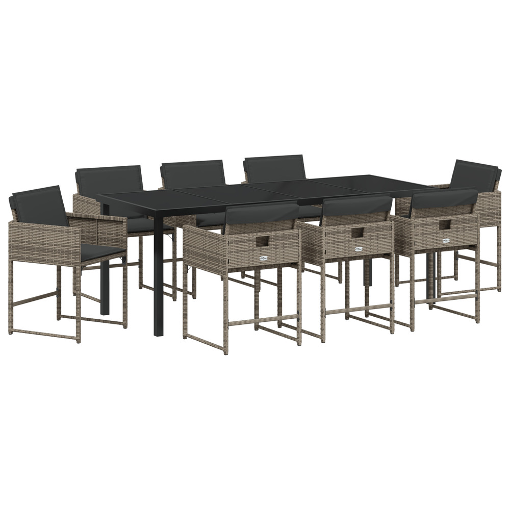 Ensemble de salle à manger de jardin avec coussins de 9 pièces gris rattan pe