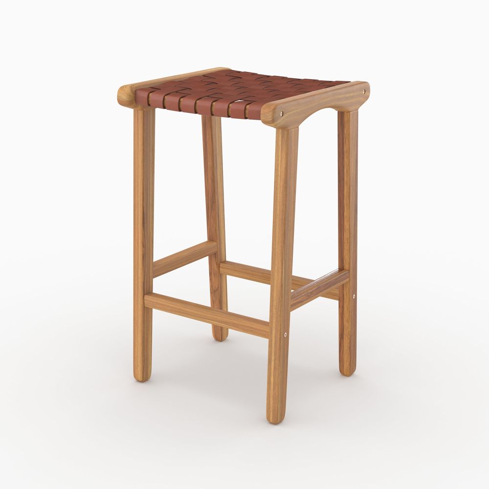 Kuna-tabouret pour îlot central 68 cm en teck et cuir tressé marron