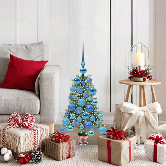 Petit sapin de noël artificiel vert 65 cm, forme cône lumineux avec 150 led et 61 boules