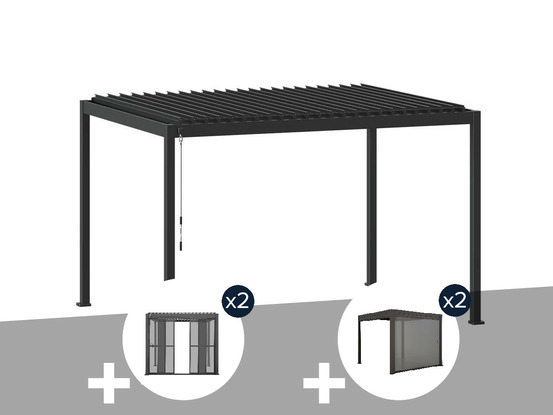 Pergola bioclimatique evora graphite - 4 x 3 m + 2 lots de portes coulissantes c
