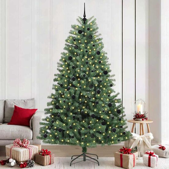 Sapin de noël tout-en-un hauteur 240cm, système pliable facile, guirlande led et 120 boules