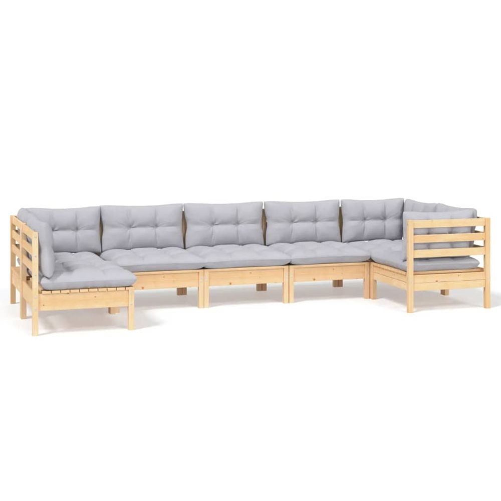 Salon de jardin 7 pcs avec coussins gris bois de pin