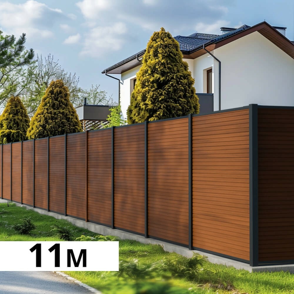 Kit clôture bois composite teck 11x1,8m santos - poteaux en aluminium gris - brise vue - palissade