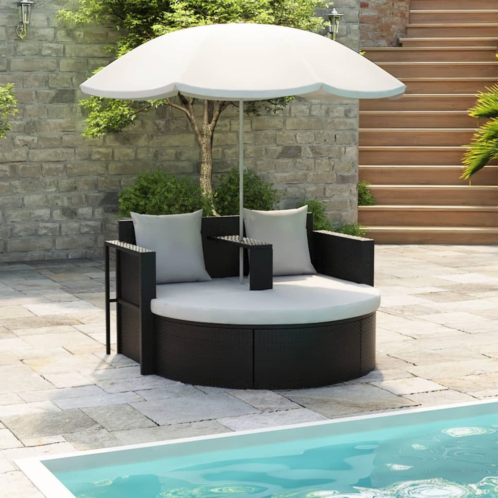 Lit de jardin avec parasol noir résine tressée
