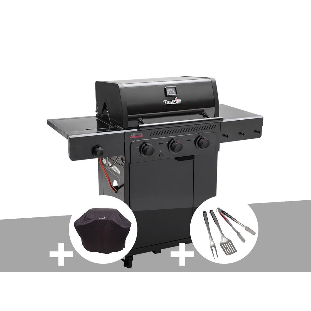 Barbecue à gaz essential 3g - 3 brûleurs + housse de protection + kit 3 ustensil