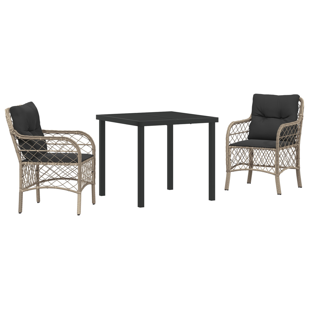 Set de dîner de jardin 3 pièces avec coussins en rattan poly gris clair