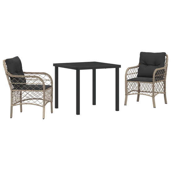 Set de dîner de jardin 3 pièces avec coussins en rattan poly gris clair