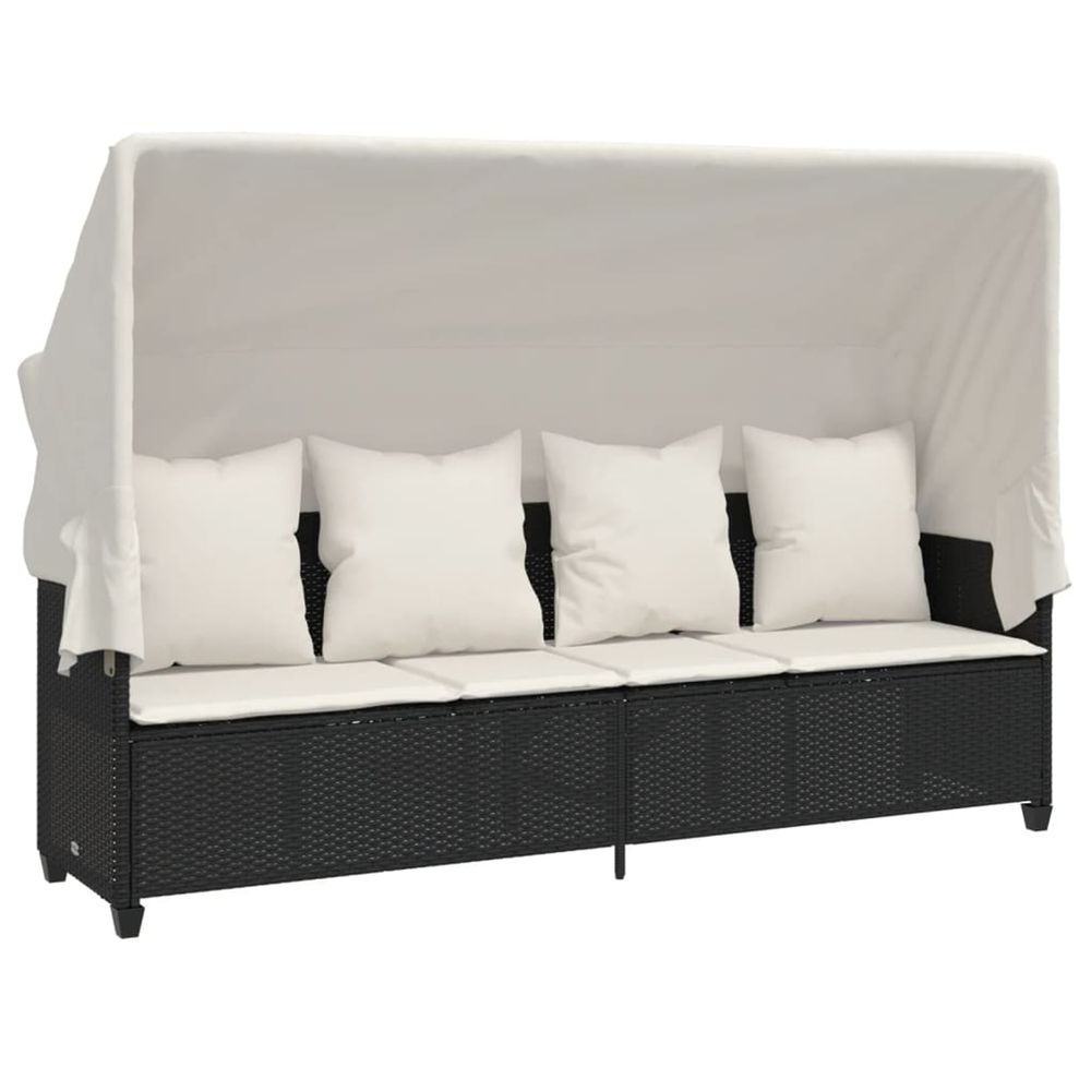 Chaise longue avec auvent et coussins noir résine tressée bain de soleil