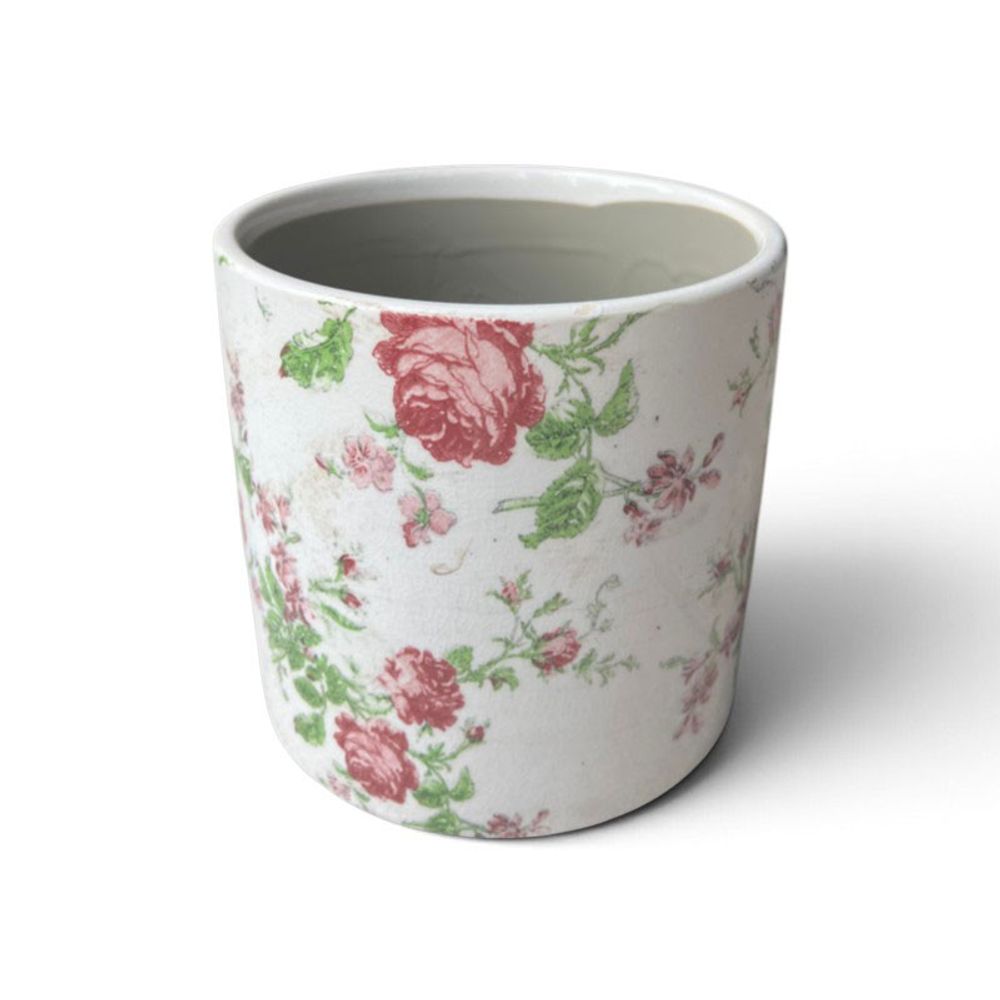 Pot motif florale rose céramique beigne 14x14x13cm