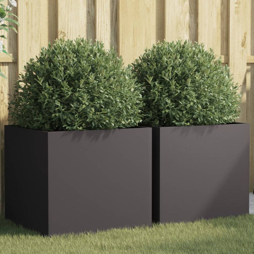 Paire de bacs à plantes carrés acier laminé robuste pour terrasse et patio moderne noir 49x47x46cm