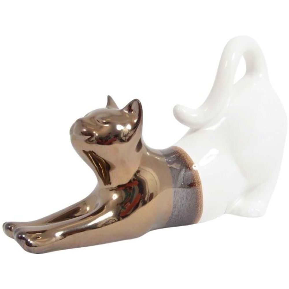 Statuette chat allongé en céramique zoya blanc et or