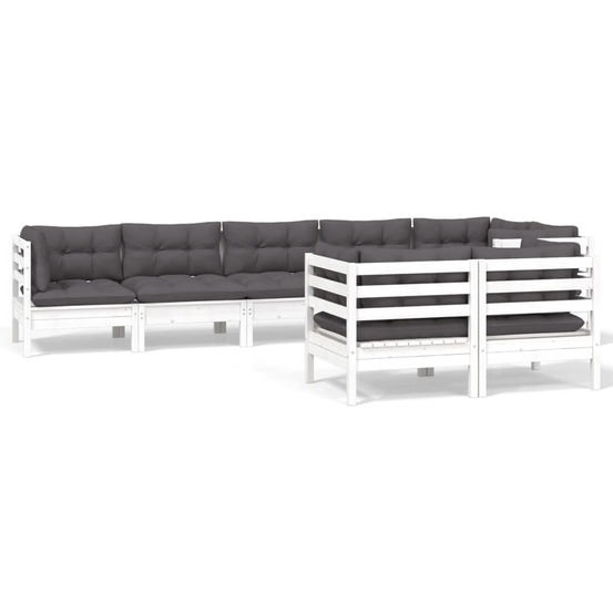 Salon de jardin 8 pcs avec coussins blanc bois de pin massif