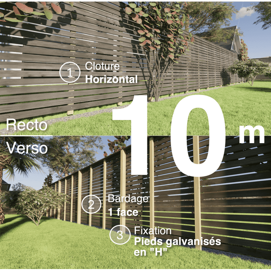 Kit clôture bois moderne 10m – h 1,9m – 20 x 70 mm noir par trempage – pose horizontal – simple face – support galva