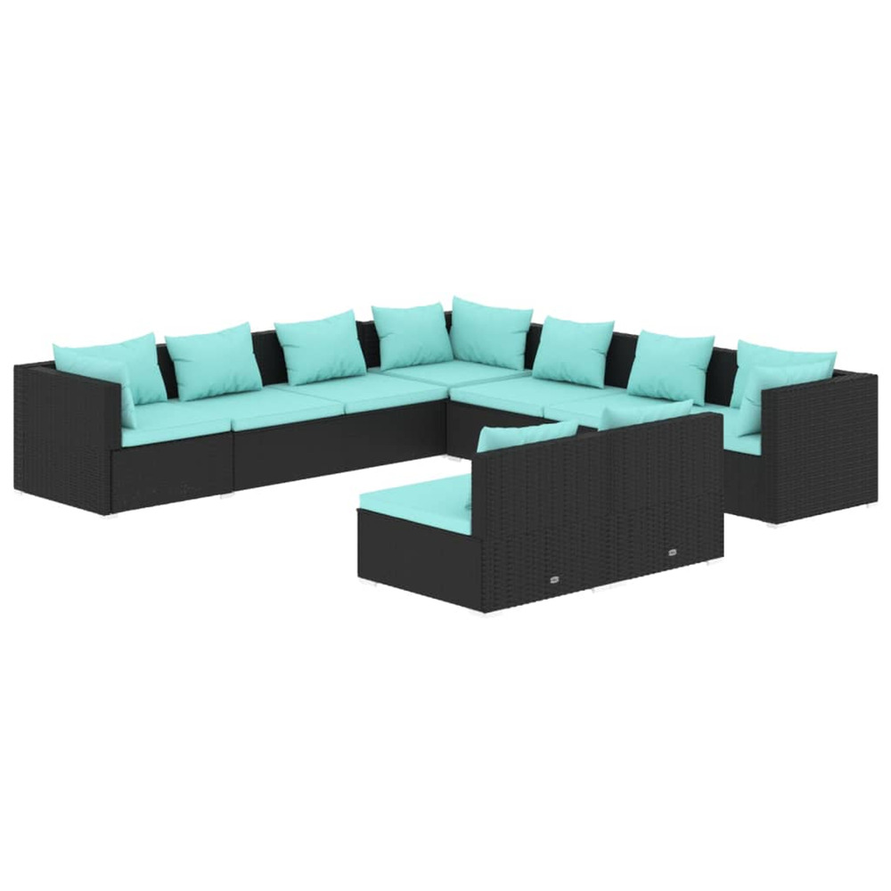 Salon de jardin 9 pcs avec coussins noir résine tressée