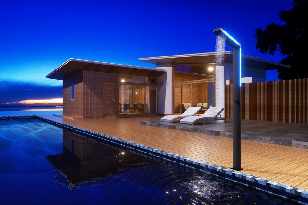 Douche de piscine en acier 316 avec lumiere antivent et anticorrosion