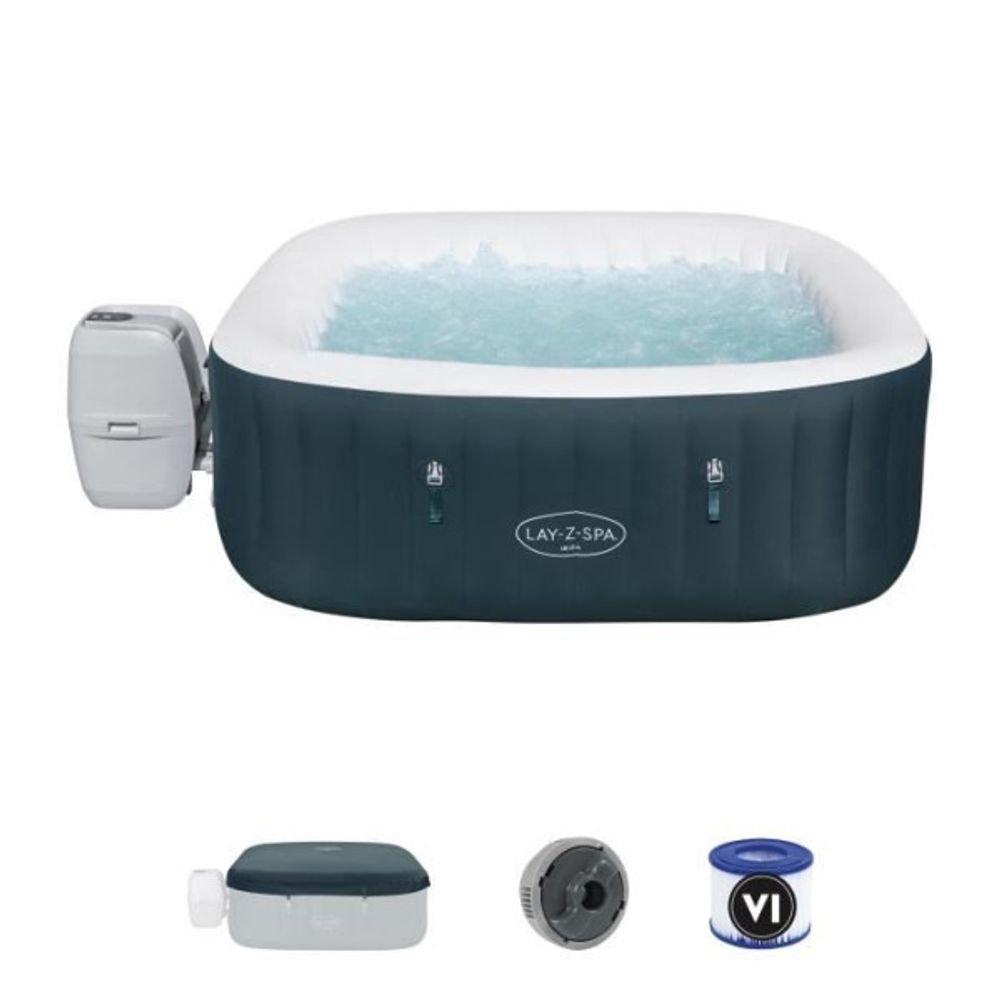 Spa gonflable - lay-z-spa ibiza - 140 airjets - 180 x 180 x 66 cm - 4 a 6 places - carré (avec couverture, cartouche)